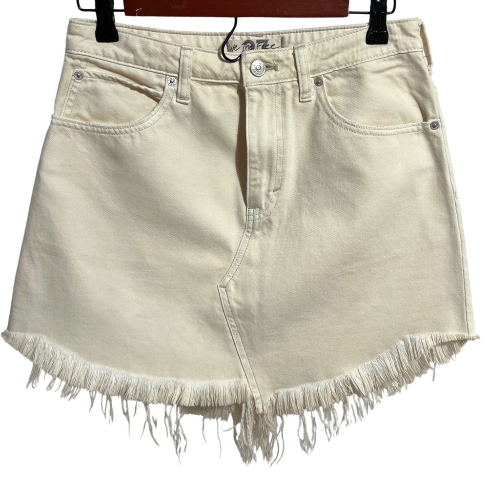 Free People We The Free Cream Frayed Denim Skirt Boho Western Festival US 27 - Picture 3 of 5